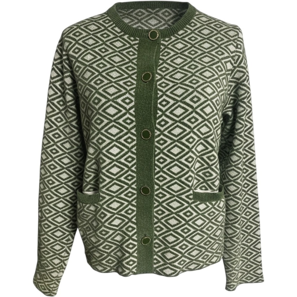 Halston Green Diamond Jacquard Knit Cardigan Sweater Women's Large